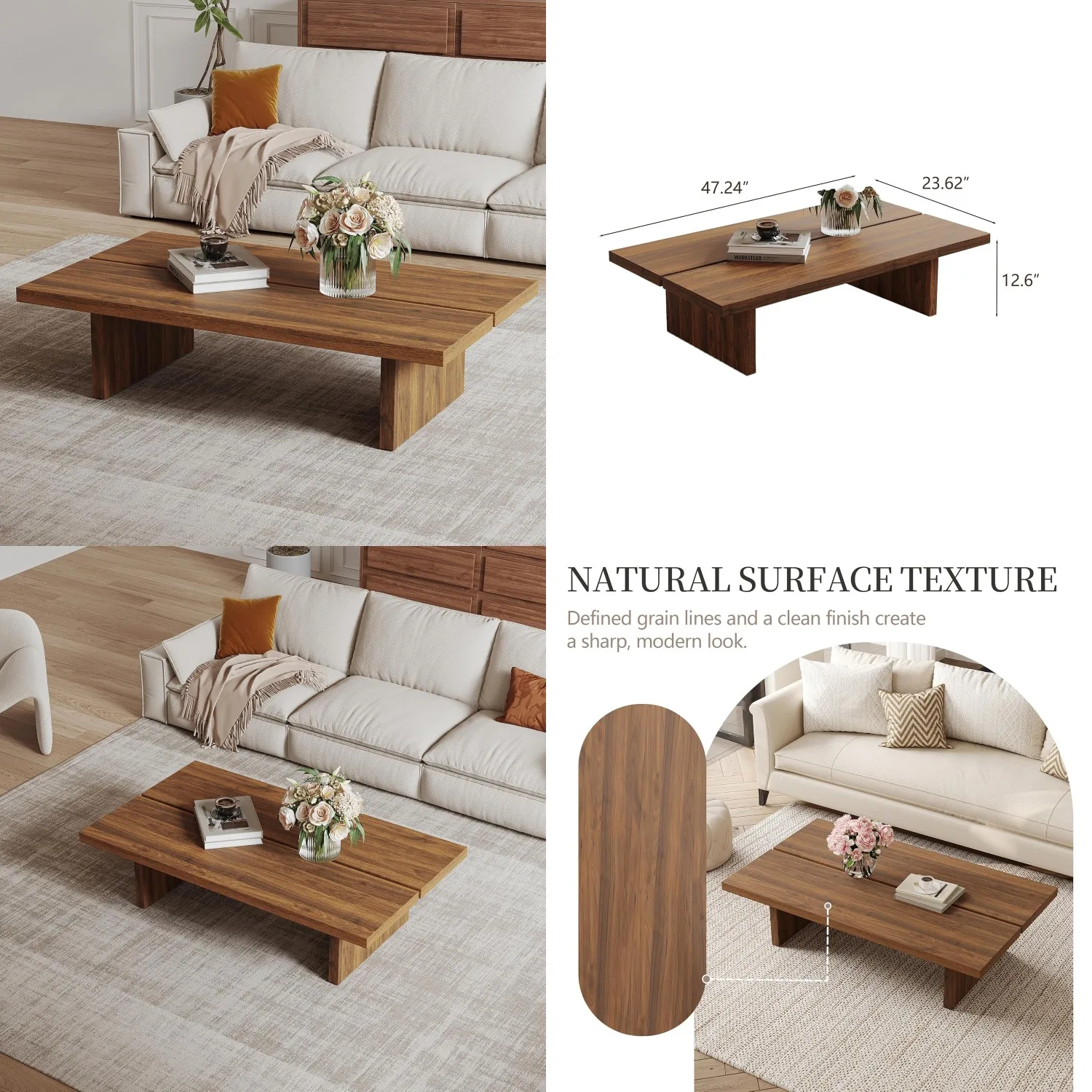 

Rectangle Coffee Table 47in Walnut Wood Grain Surface Low Profile Japanese Tea 2-Leg Small Apartment Sofa, Customized