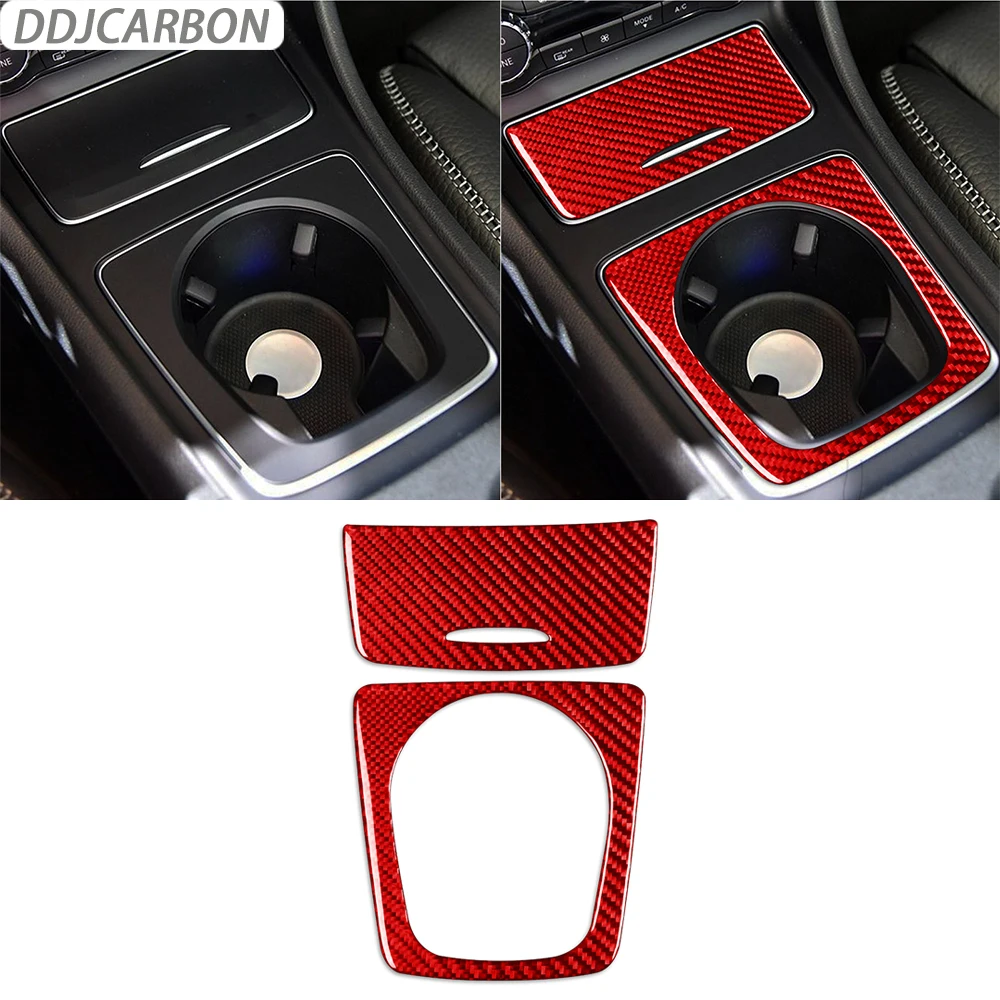

For Mercedes-Benz CLA C117 14-18 GLA X156 15-19 Red Carbon Fiber Car Cigarette Lighter Cap Central Cup Holder Cover Trim Sticker