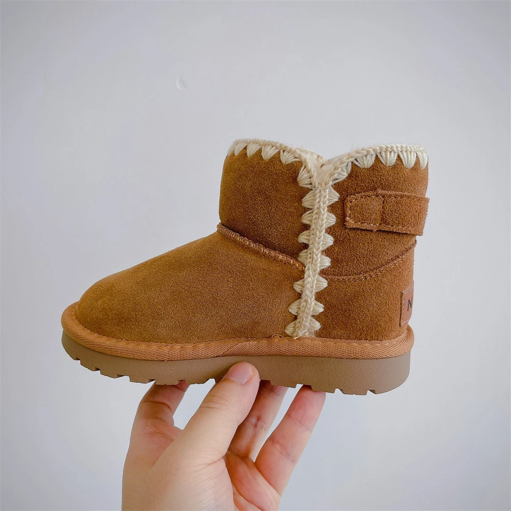 Baby Kid Infant Genuine Leather Nubuck Cotton Boots Girls Wool Lace Princess Cotton Shoes Winter Children Snow Boots Keep Warm