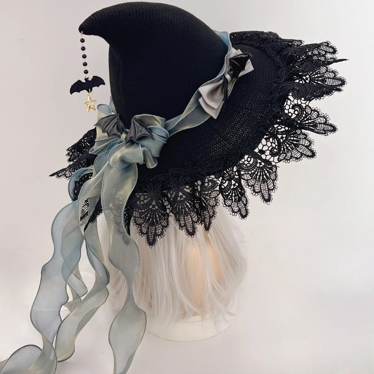 Japanische Halloween Mädchen Gothic Lolita Teufel Schleife Spitze Prinzessin Hut Cosplay Hexenhut Zubehör Perlglanz Sand Fledermaus Anhänger Kappe