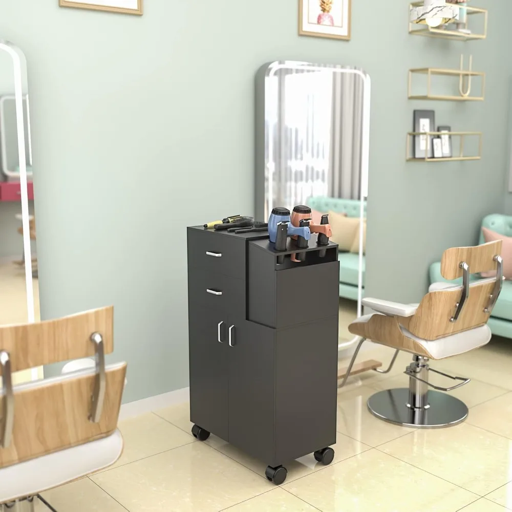 Salon Trolley, 2 Drawer Salon Rolling Cart W/5 Hair Dryer Holders & 1 Large Cabinet, Hair Cart Barber for Hair Stylist Trolley