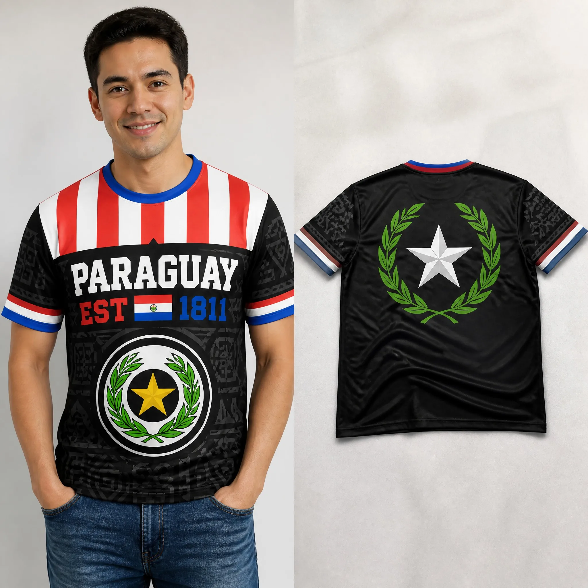 Mens Paraguay Crew Neck T Shirt Black Flag Emblem Print Short Sleeve Casual Top Star Wreath Graphic Summer Daily Tee Urban Style