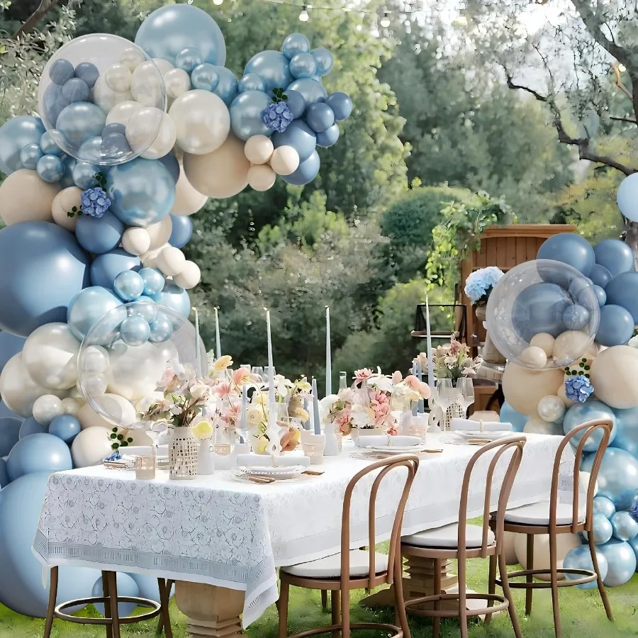 더스티 블루 풍선 아치 키트 103개 더블 스터프드 더스티 블루 펄 블루 화이트 샌드 화이트 클리어 풍선 다양한 크기 웨딩용