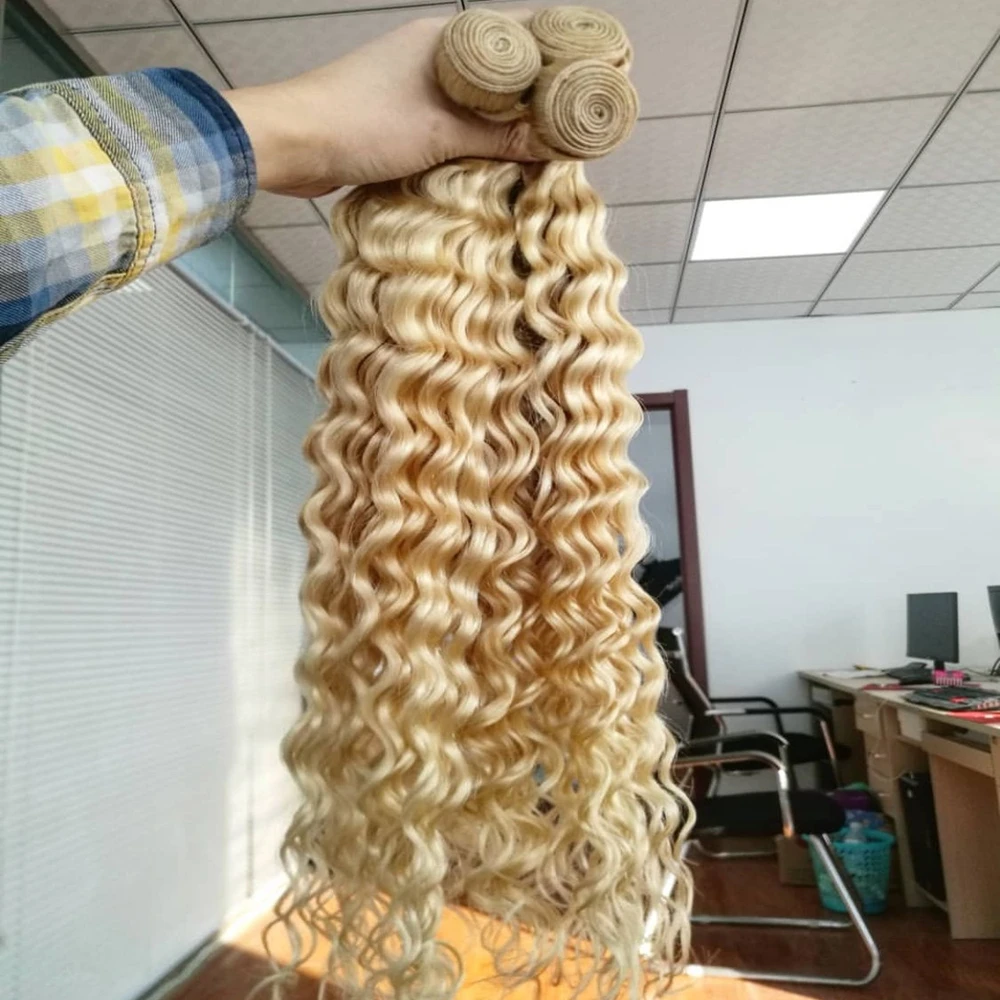 

613 Пучки глубоких волн, человеческие волосы 12А, бразильские вьющиеся волосы Remy, 100% наращивание человеческих волос, светлые пучки 1/3 пучка для женщин