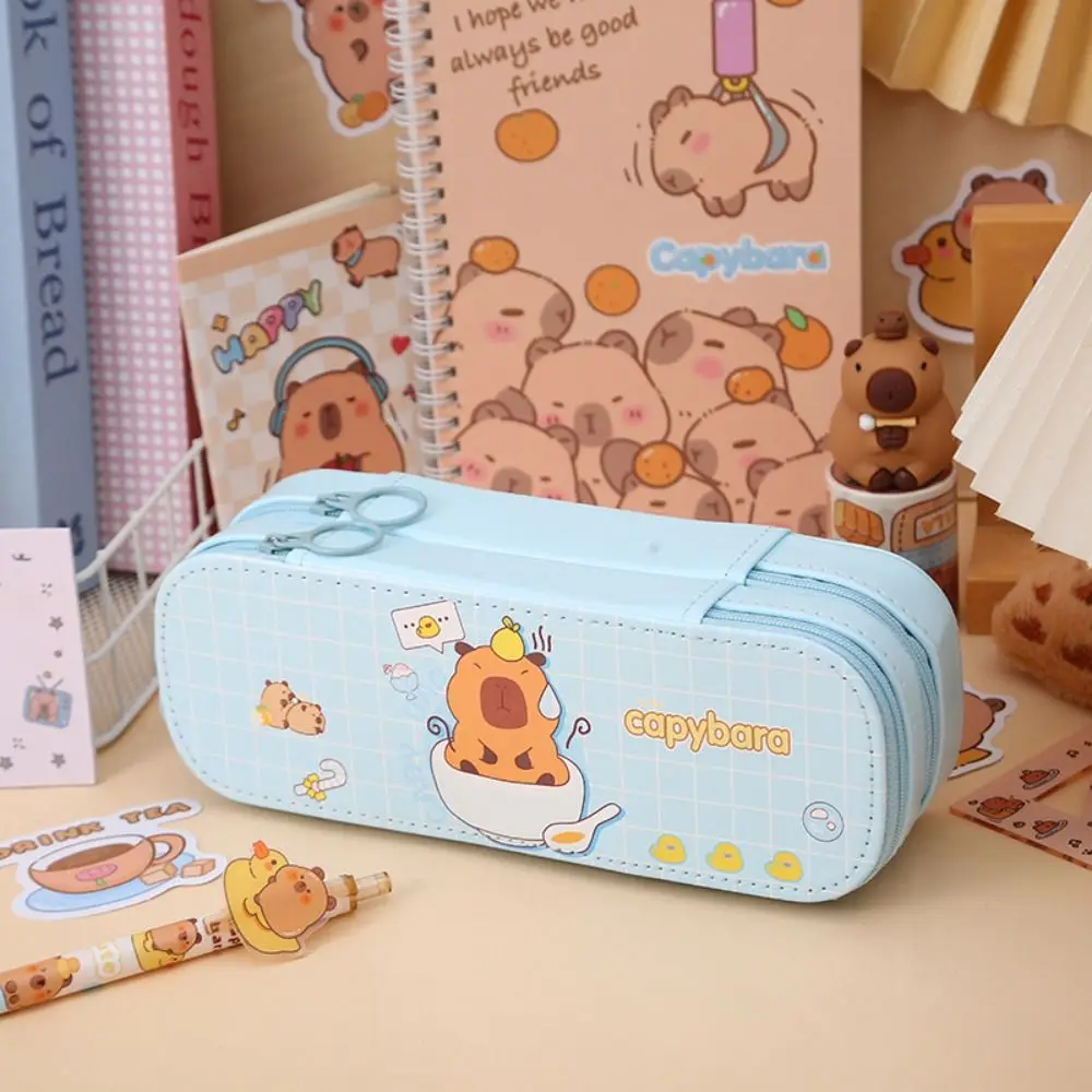 Imagem -03 - Impermeável Kapibala Pencil Case pu Grande Capacidade Armazenamento de Bolsa de Caneta Dupla Cartoon Stationery Box