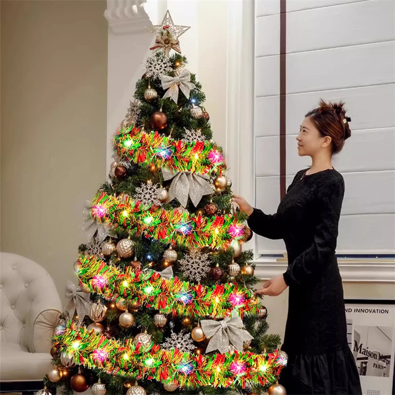Sparkling Christmas Coloured Tinsel Garland with 50LED Ribbon String Lights Christmas Tree Indoor Wedding Party Holiday Decor