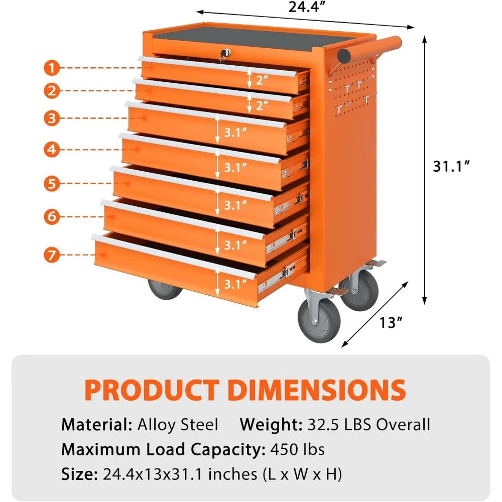 7 Drawers Rolling Tool Chest, Tool Box with 4 Wheels and Drawers, High Capacity Detachable Mobile Tool Storage Cabinet for Works