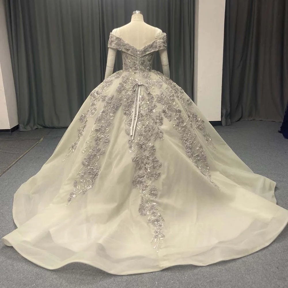 Gorgeous Wedding Dress Silver Grey Ball Gown Customized Off Shoulder 3D Flowers Beading Cathedral Train robe de mariée