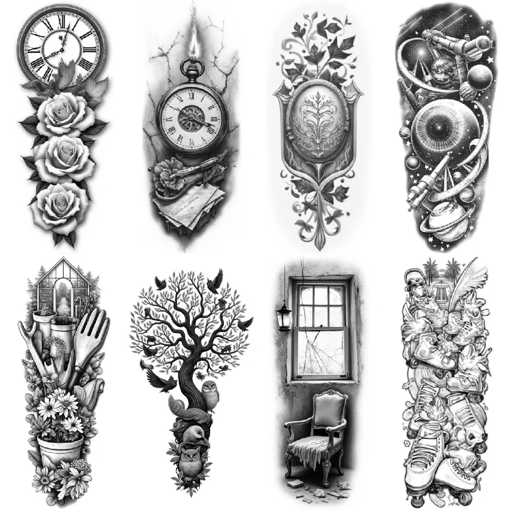 

3pcs Temporary Tattoo Clock With Roses Tattoo Black And Grey Realism Space Tattoo Realistic Temporary Tattoos For Thighs Arms