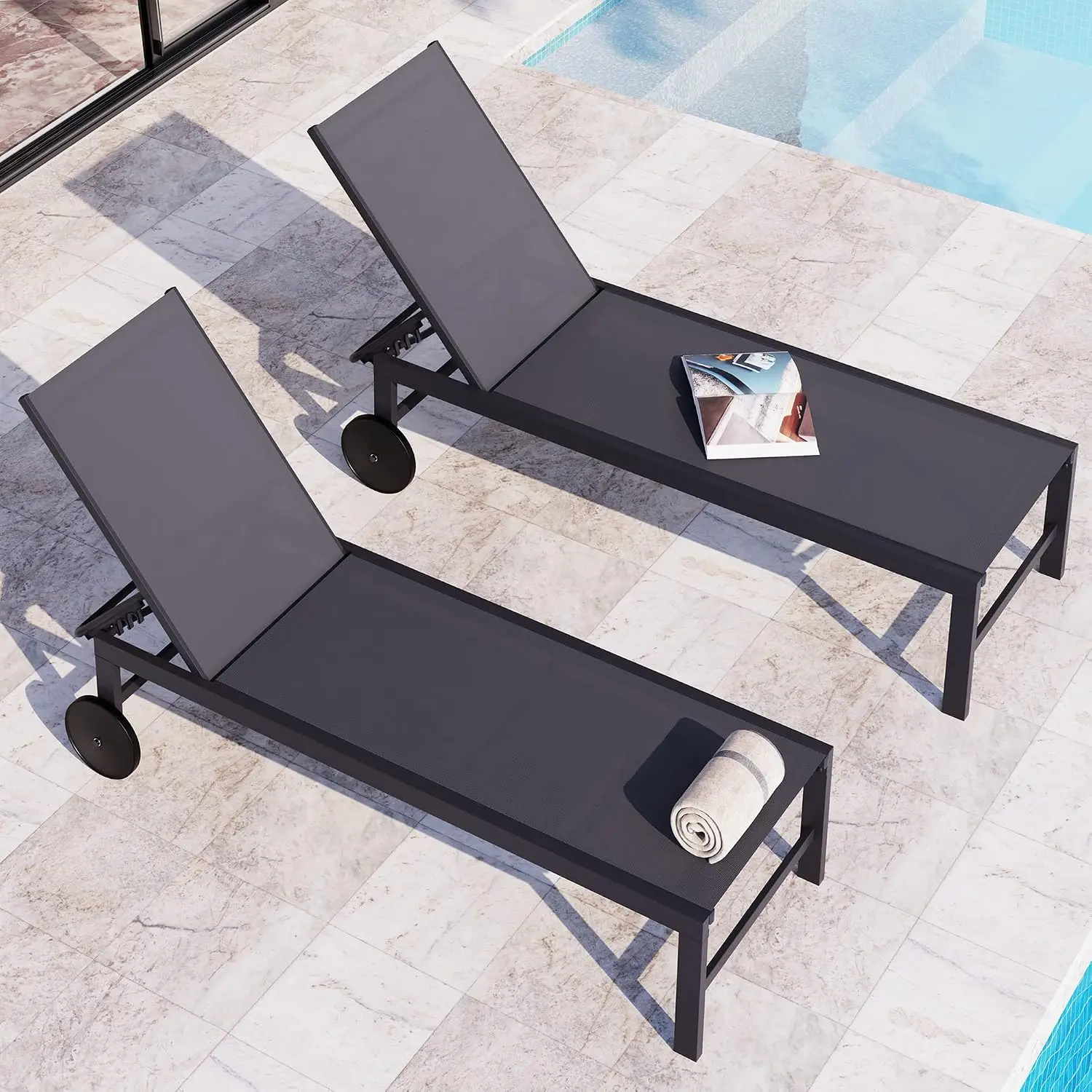 2PCS Outdoor Chaise Lounge with Wheels, Aluminum Patio Chair 5 Adjustable Positions for Poolside Beach Yard, Customized