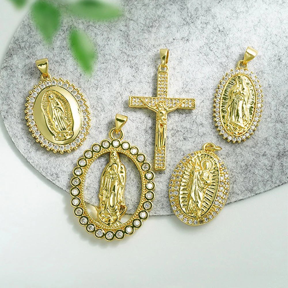 3Pcs Cubic Zirconia Religion Charms for Necklace Making Accessories Classic Virgin Mary Pendant DIY Jewelry Handmade Badge