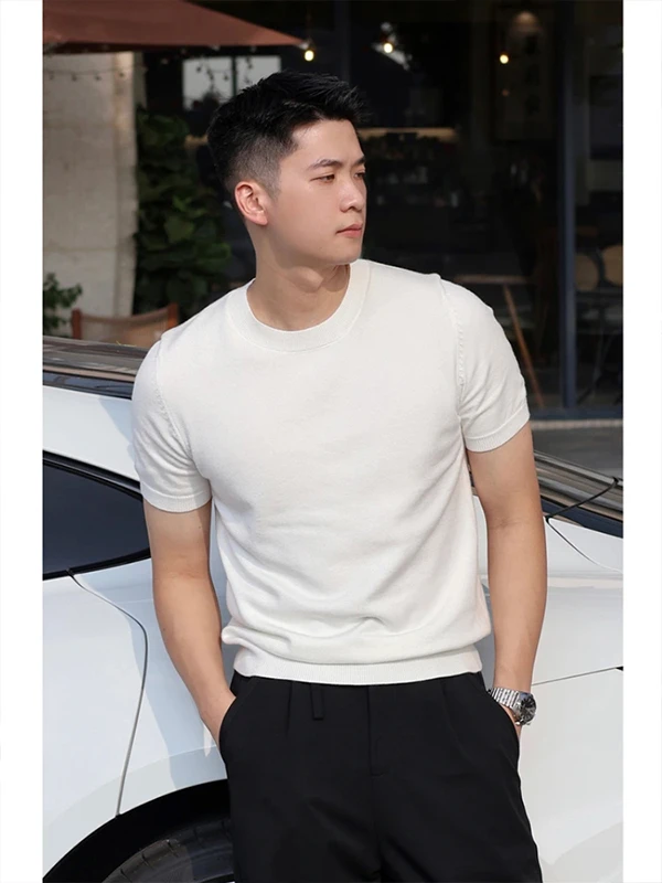 

Ice Silk Knitted round Ne ort Sve Casual T-irt Men's Slim Fit Summer Cool Feeling f Sve Trendy Faion Top