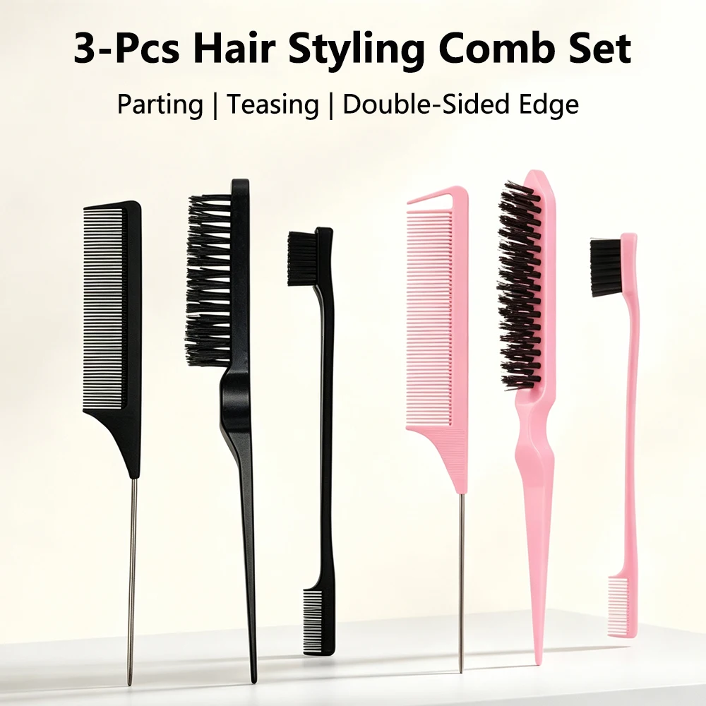 3pcs Set Hair Styling Comb Rat Tail Comb Teasing Brush Double Sided Edge Eyebrow Brush  For Braid Hair Fluffy Styling DIY Tools