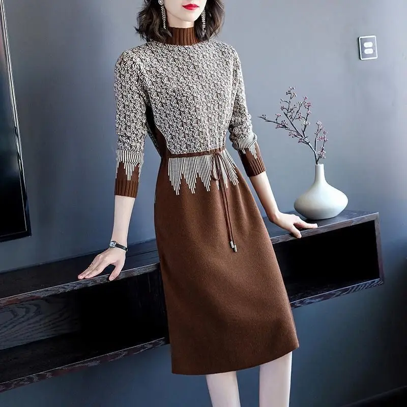 Stylish Half High Collar Midi Dress Female Clothing Vintage Printed Autumn Winter A-Line Waist Casual Drawstring Knitted Dresses