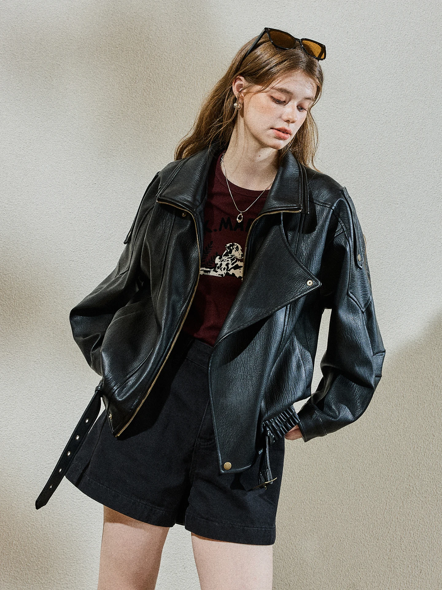 Retro Cool Short PU Leather Biker Jacket for Women with Zipper Flip Collar Loose Fit Commute Style Long Sleeve Fashion Outerwear