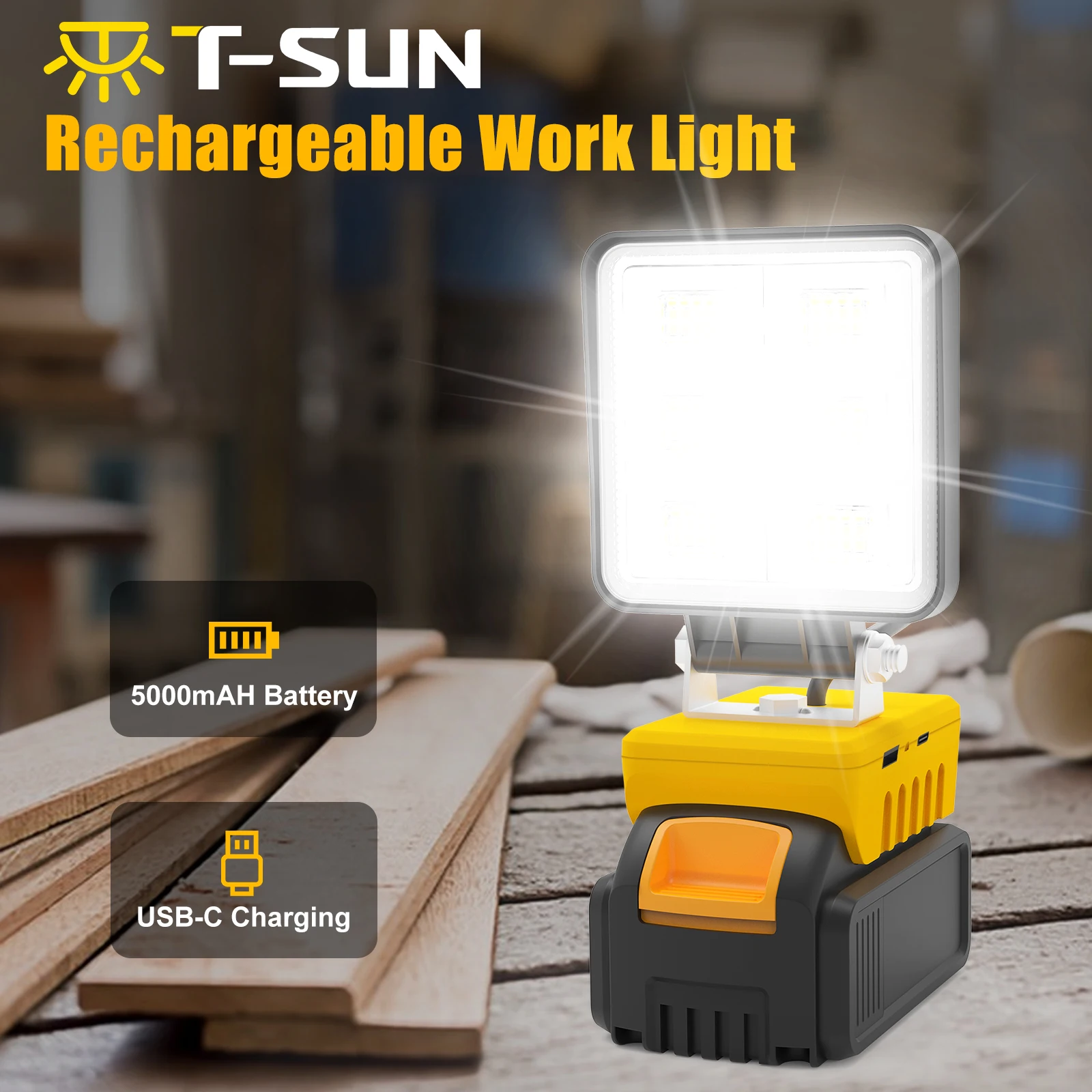 Portátil sem fio LED luz de trabalho, recarregável, base ajustável, luz de inundação para DeWalt, sem bateria, 5200LM, 48W