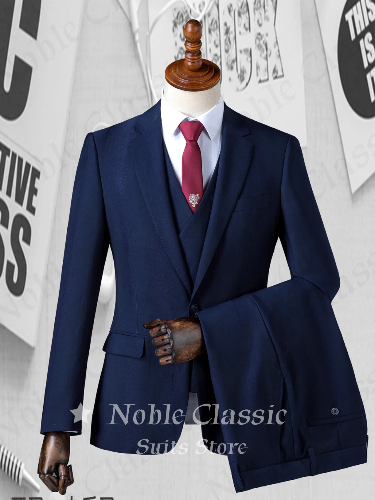 Men Navy Solid 3 Piece Suit Notch Lapel One Button Blazer Waistcoat Cuffed Ankle Trousers Slim Wedding Guest Gala Customized