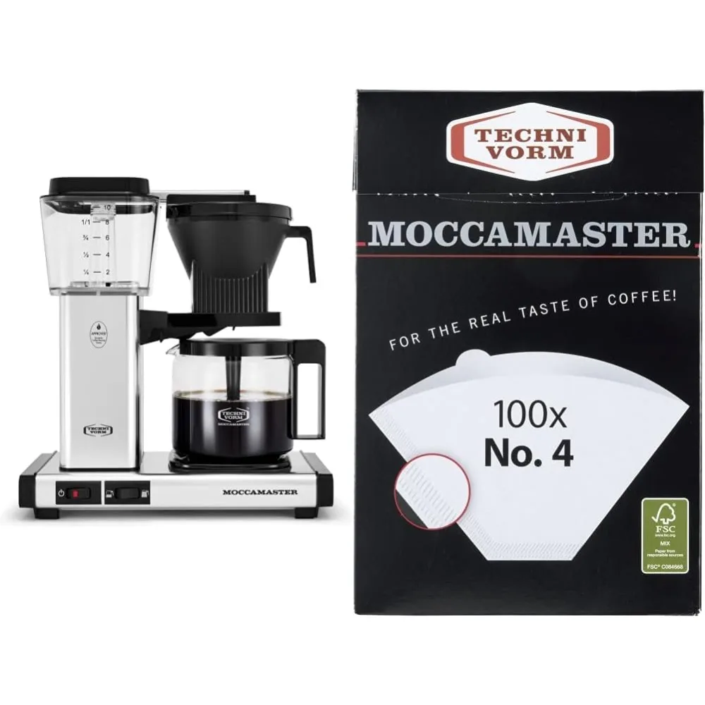 Select 10-Cup Coffee Maker, Polished Silver, 40 ounce, 1.25l & #4 White Paper Filters, 100-count per box