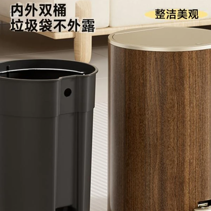 Light Luxury Wood Grain Double Layer Lidded Trash Can, Mid Century LargeBin for Bedroom Living Room Homestay Home Commercial Use