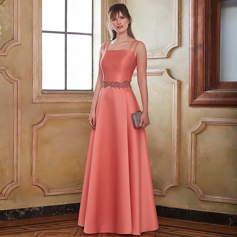 Mutter der Braut Kleid Pfirsich rosa Spaghetti träger Satin Hochzeit Gast Kleider für Frauen eine Linie Kristall Applikation Abendkleider