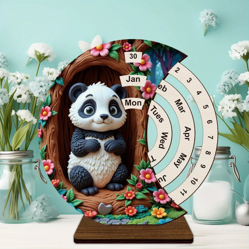 

Wooden Manual Rotating Calendar, Panda in Tree Hole Theme Desktop Calendar, Artistic Manual Rotating Table Calendar