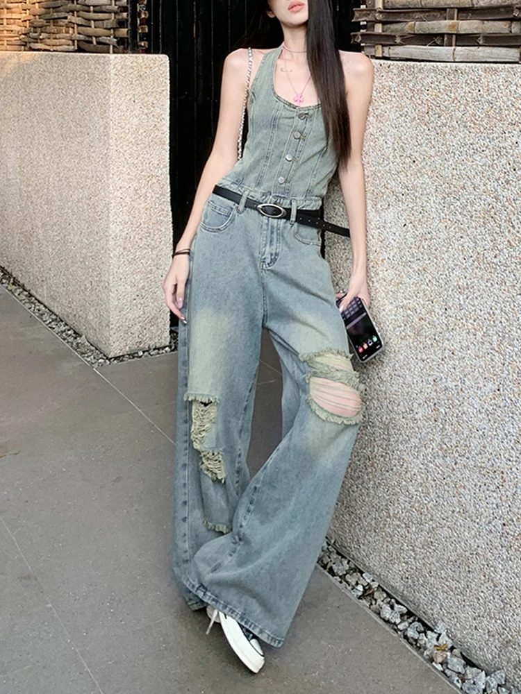 American Retro Streetwear Denim tute tasca con cerniera vita alta gambe larghe pantaloni strappati estate donna pagliaccetti Slim