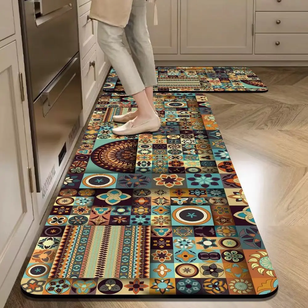 VIKAMA Kitchen Rug European Retro Style Quick To Absorb Water Non-Slip Suitable For Dining Room Silica Gel Mat For Home Decor