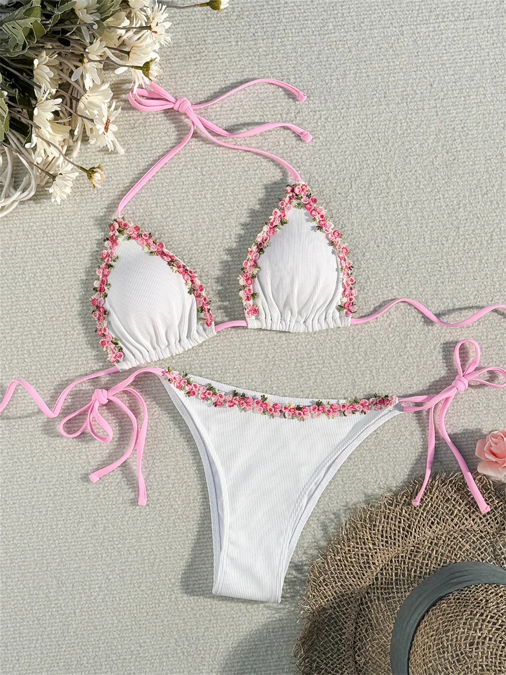 

Cute Floral Border Bikini Triangle String Backless Swimsuit Push Up Biquini Halter Knotted Swimwear Women Beach Rib Bathing Suit