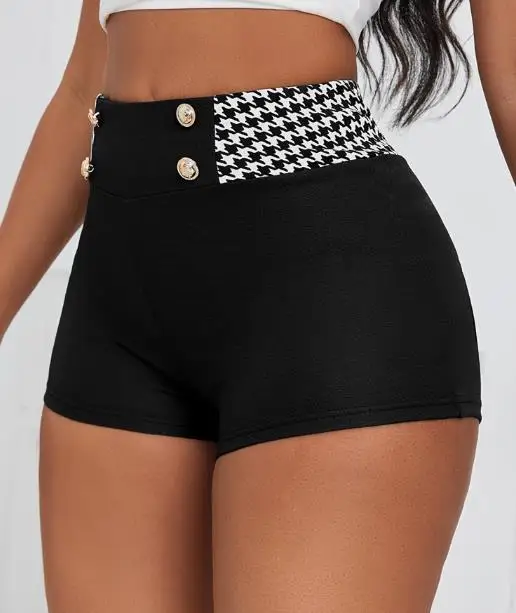 2025 Primavera/Novedad de verano moda mujer mil pájaros rejilla Slim Fit cintura alta elástico de punto pantalones cortos casuales ropa de mujer