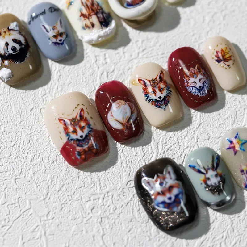 Big Fierce Animal Head Lion Wolf Tiger Rabbit Fox Antelope Raccoon Dog Cat Chic 3D Self Adhesive Nail Art Sticker Manicure Decal