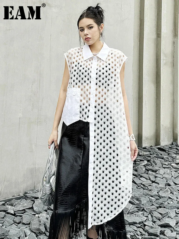 

[EAM] Women White Mesh Irreuglar Perspective Big Size Blouse New Lapel Sleeveless Shirt Fashion Tide Spring Summer 2024 1DH5527