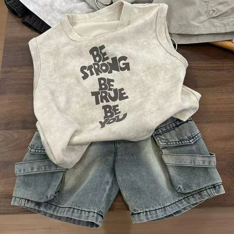 

Children's Korean-style summer set 2026, boys' casual wear, new style, sleeveless vest and denim shorts, two-piece set