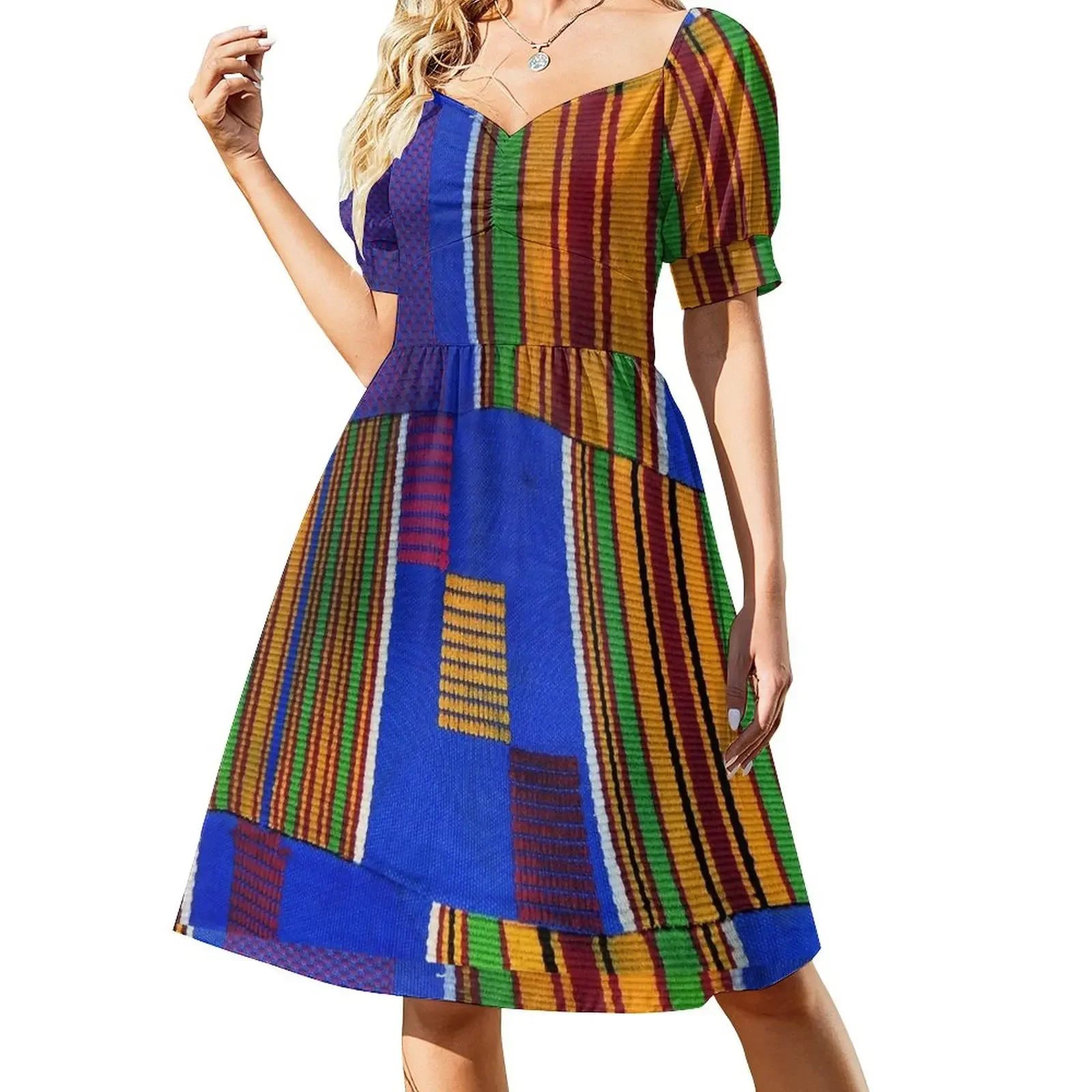 Kente Cloth Ghana West African Print Short-Sleeved Dress dresses for official occasions dress party night long sleeve dresses