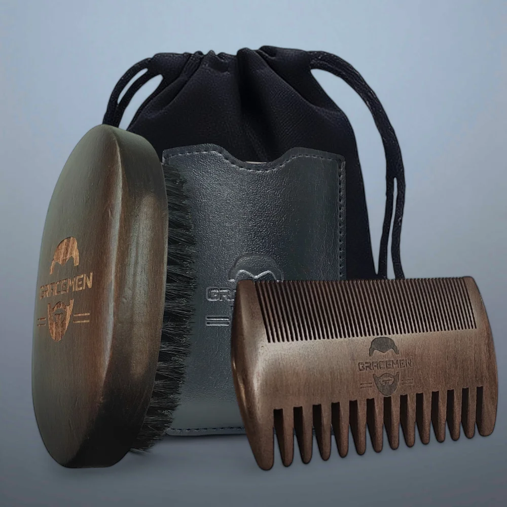 Gracemen Retro Beard Set - Boar Beard Brush & Double Sides Comb & Leather Protection Sleeve & Travel Pouch