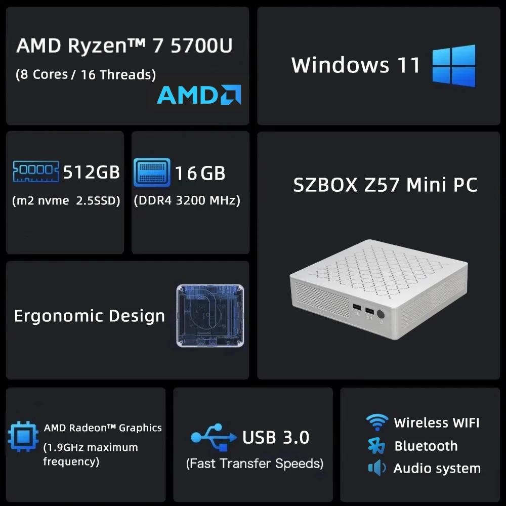 SZBOX X53 X55 X57 كمبيوتر صغير AMD 5300U/5500U/5700U Win11 32GB DDR4 500GB/1TB SSD M.2 2280 SSD WIFI BT سطح المكتب مكتب ألعاب الكمبيوتر