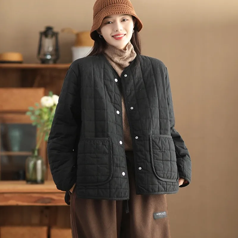 Women Casual Quilted Coats New Arrival 2024 Autumn Winter Vintage Style V-neck Solid Color Female Thick Warm Jackets B2063