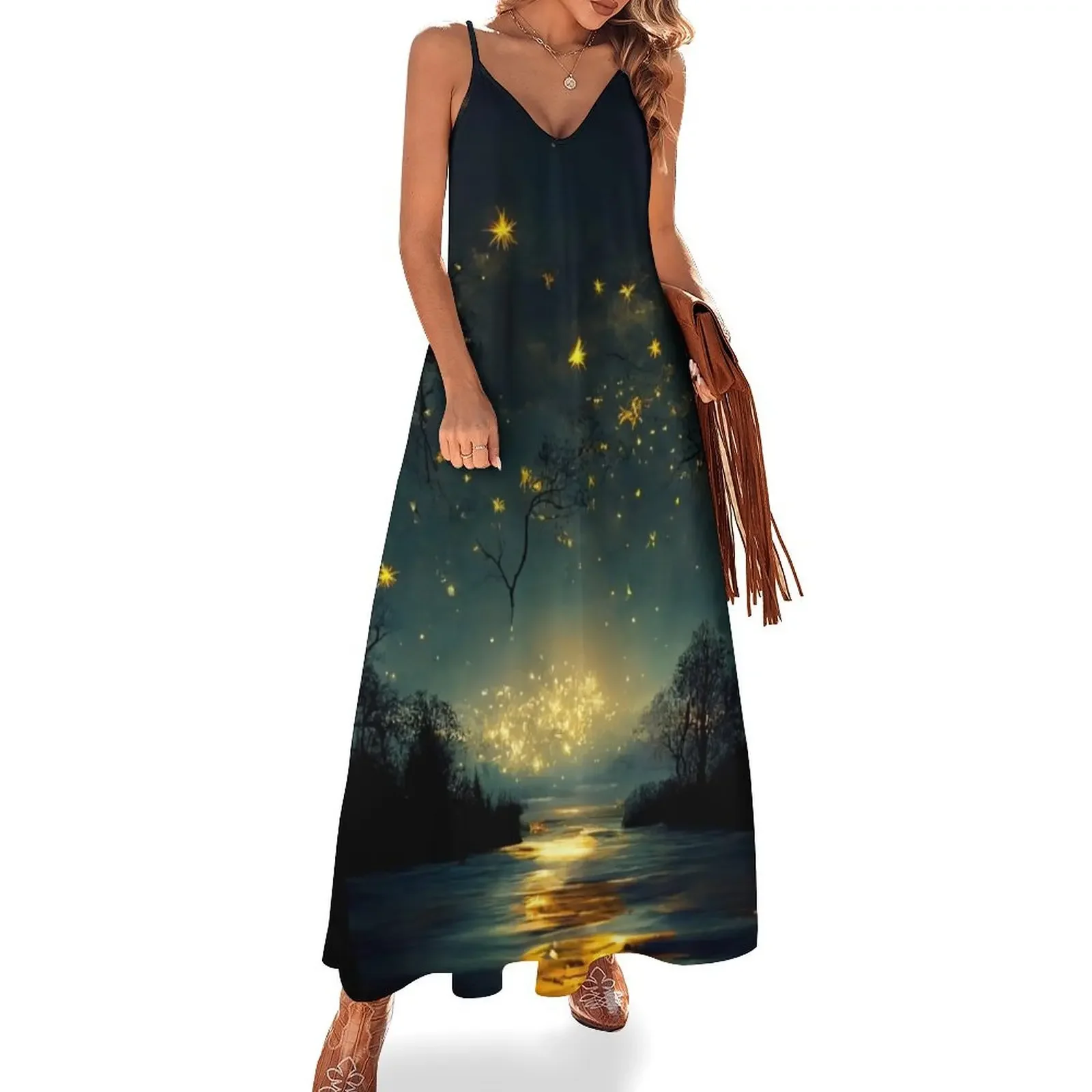 Beautiful twinkling stars in a big sky over a tree lined lake. Sleeveless Dress prom dresses 2025 summer clothes