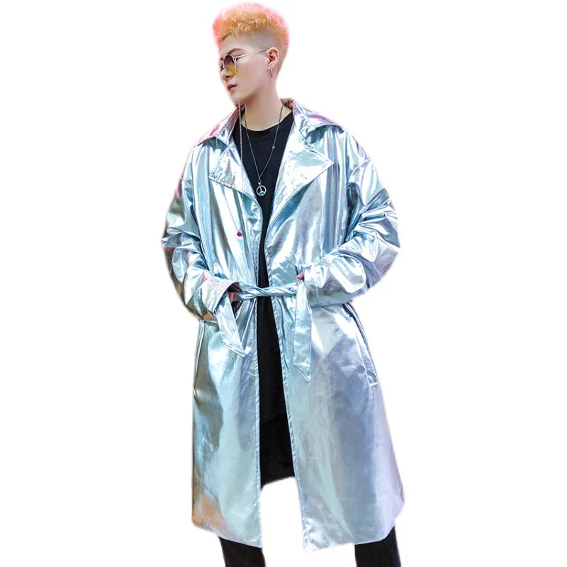 2023 Shiny Golden Silvery Punk Hip Hop Trench Coat Nightclub DJ