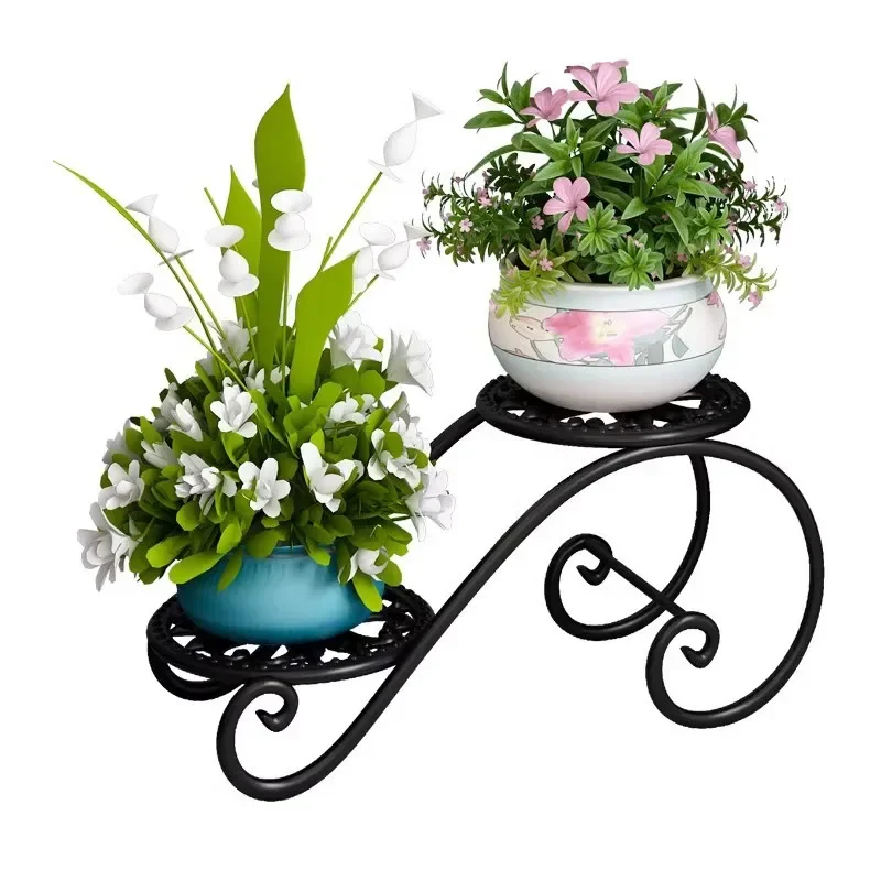 DSA two-layer flower stand wrought iron balcony floor-to-ceiling pendulum indoor simple flower pot stand living room green dill