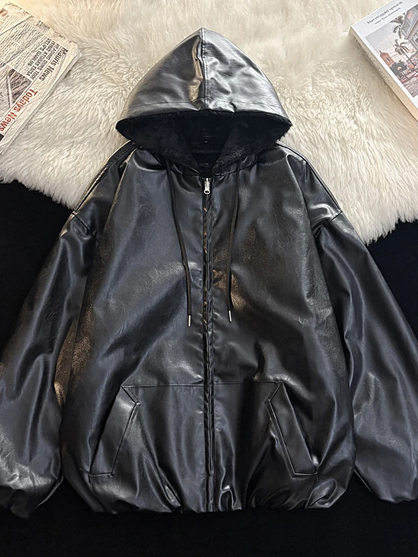 

ex Thiened PU Leather Jaet Hooded Casual Outerwear Spring Autumn Vintage Sle Long Sve Zipper Closure Streetwear