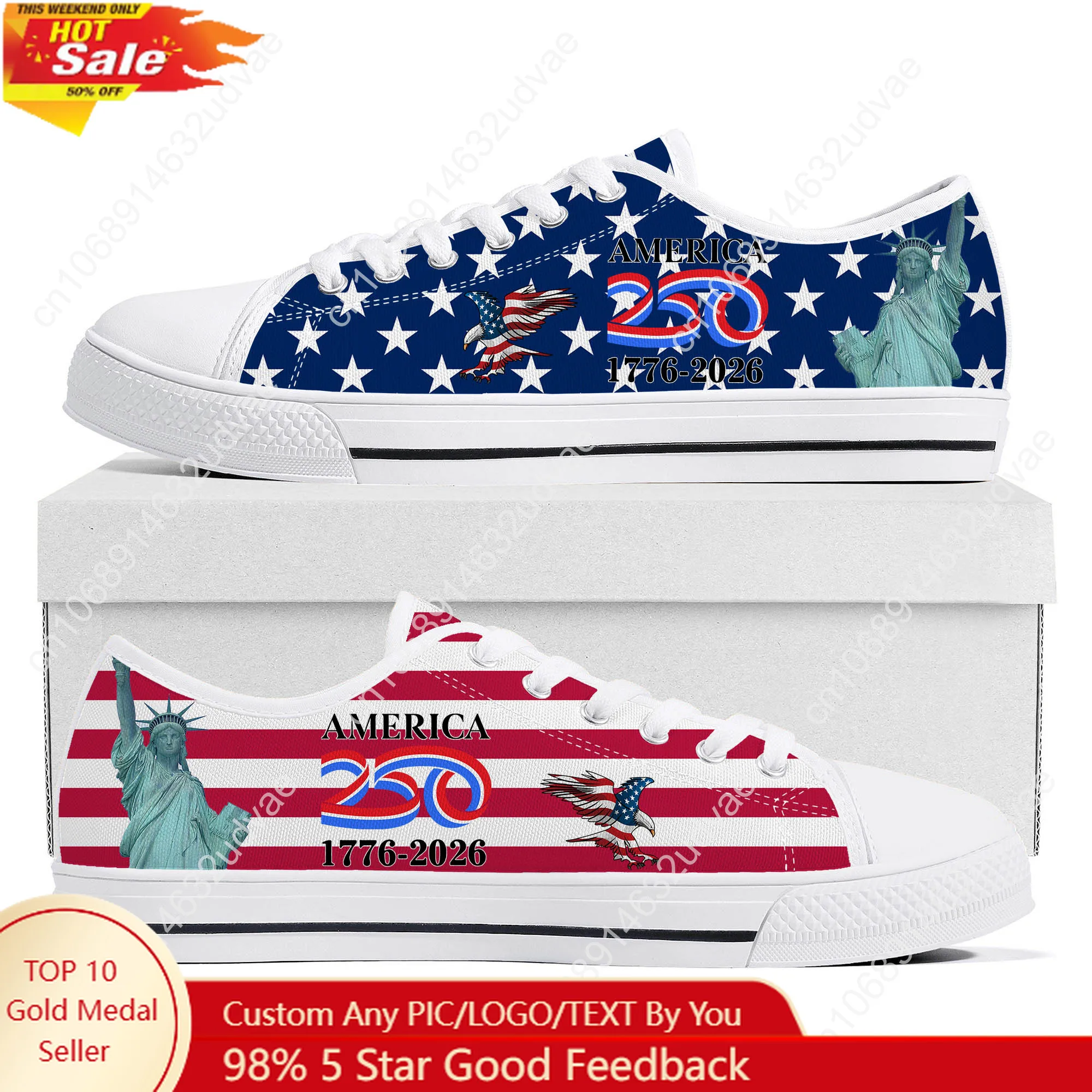 

America 250th Anniversary 1776-2026 Low Top Shoes Man Woman Canvas Casual Durable Sneakers Couple Footwear Custom Shoe White