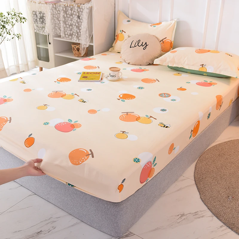 

Orange Fruit Print 100% Cotton Fitted Sheet with Elastic Band and 2 Pillowcases Double Queen Mattress Cover for Bedroom Decor