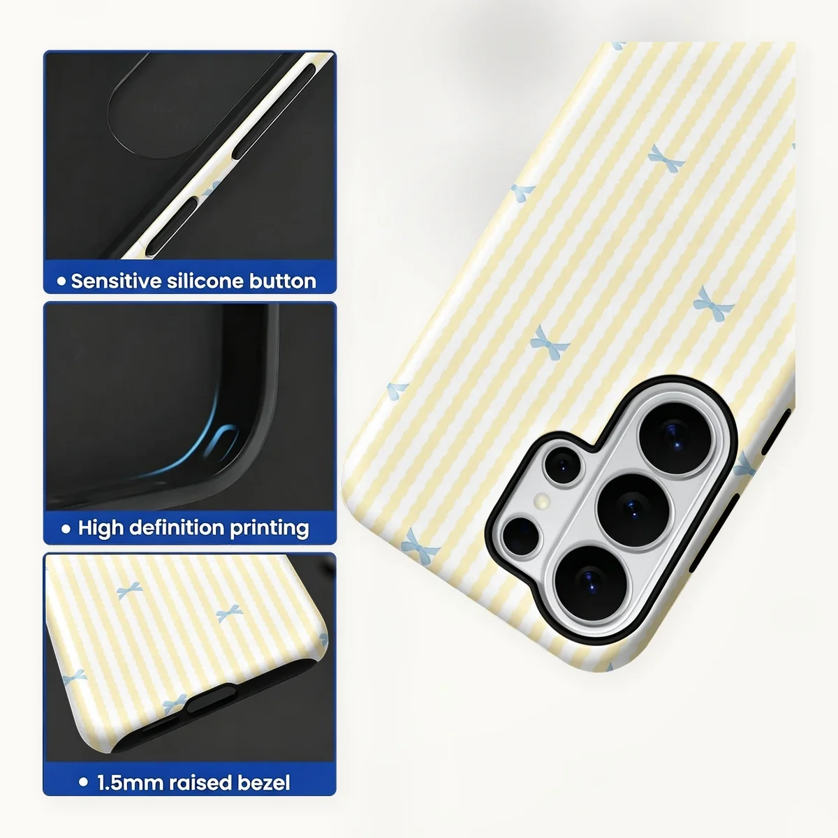 Blue Bow Yellow Stripes 2-in-1 Dual-Layer Phone Case for Samsung Galaxy S26 S25 S24 Plus Ultra FE S20 FE A56 A17 A16 A15