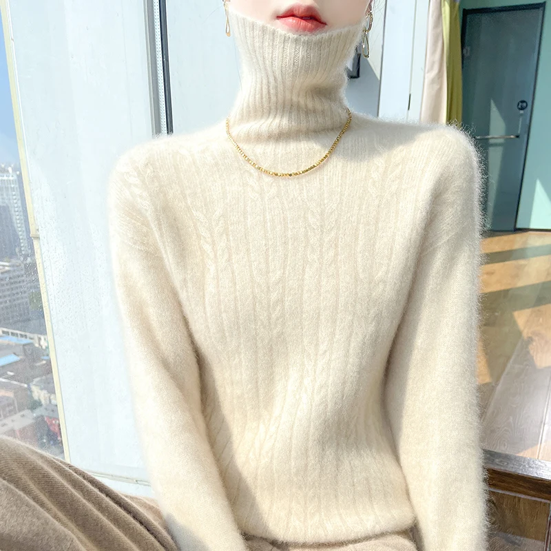 High neck thickened 100% pure cashmere sweater women's Fried Dough Twists long sleeve knitting sweater loose lazy wool underlay