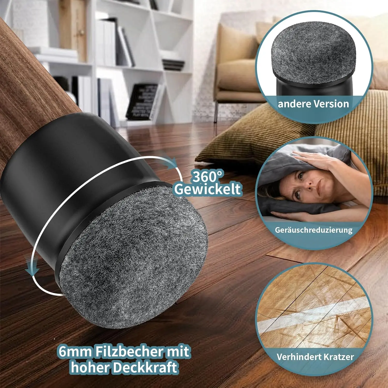 Stuhlbein-Bodenschoner, Filz-Fußabdeckung, Silikon, diagonal, mit dicken Wickel-Filzpolstern, Möbel, Tischfüße, schützt den Böden – Detail 4