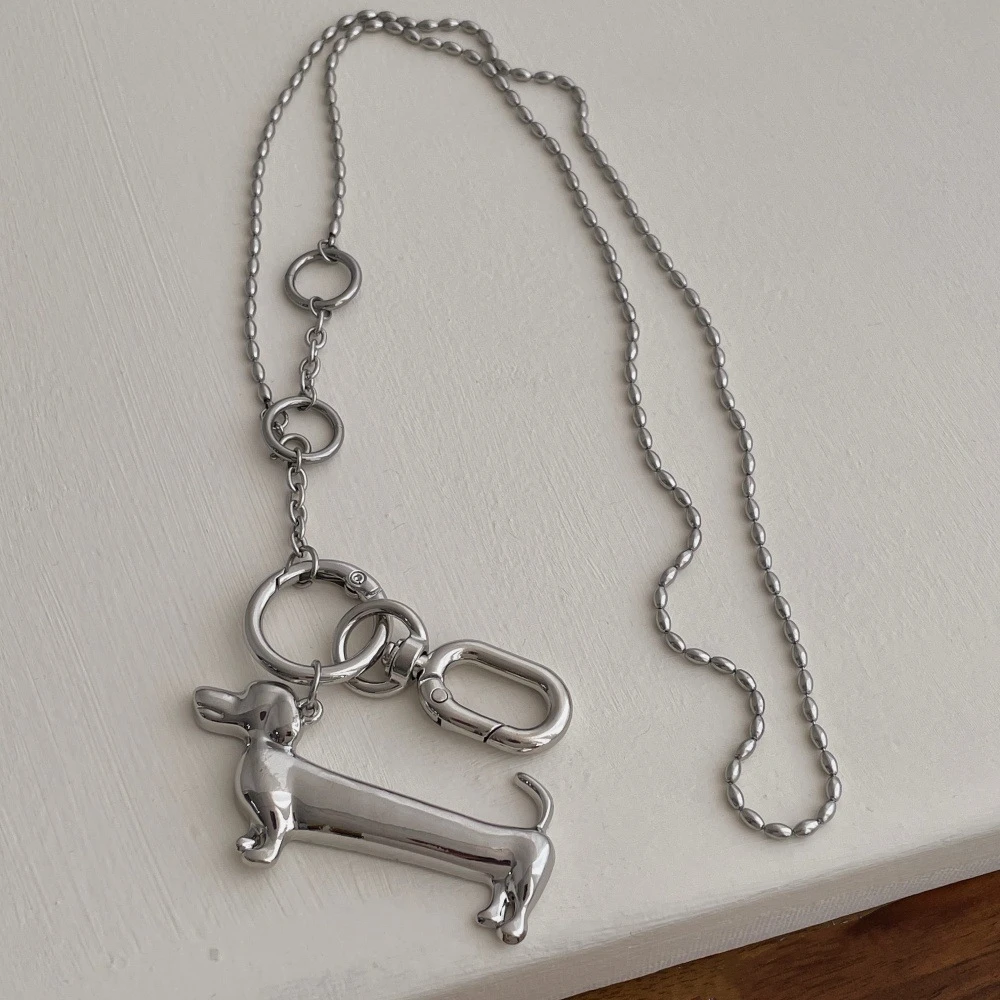 LATS Smooth Surface Dachshund Cartoon Dog Pendant Necklaces for Women Silver Plated Long Beads Sweater Chain Unique Jewelry