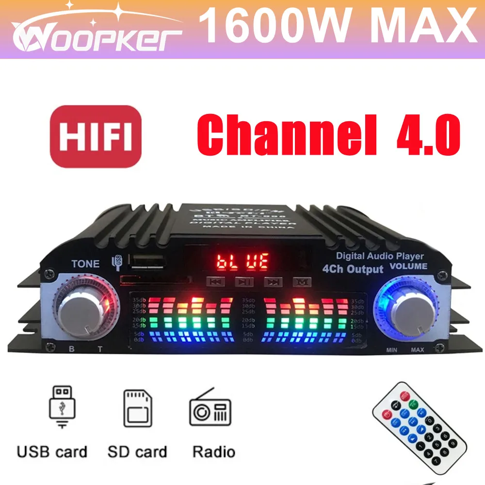 

Woopker BT-998 Hifi Audio Home Digital Amplifiers Car Audio Bass Power Bluetooth Amplifier FM USB SD Radio for Speakers DC 12V