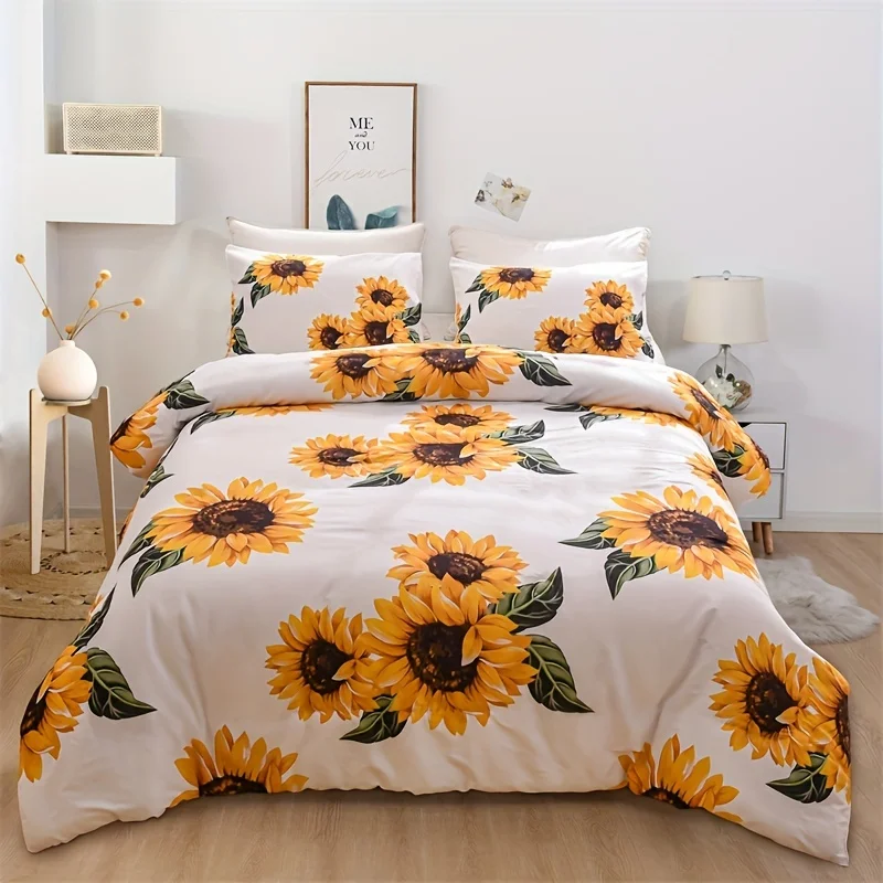 

Soft And Comfortable Sunflower Print Duvet Cover Set For Bedroom And Guest Room - Includes 1 Duvet Cover And 2 Pillowcases