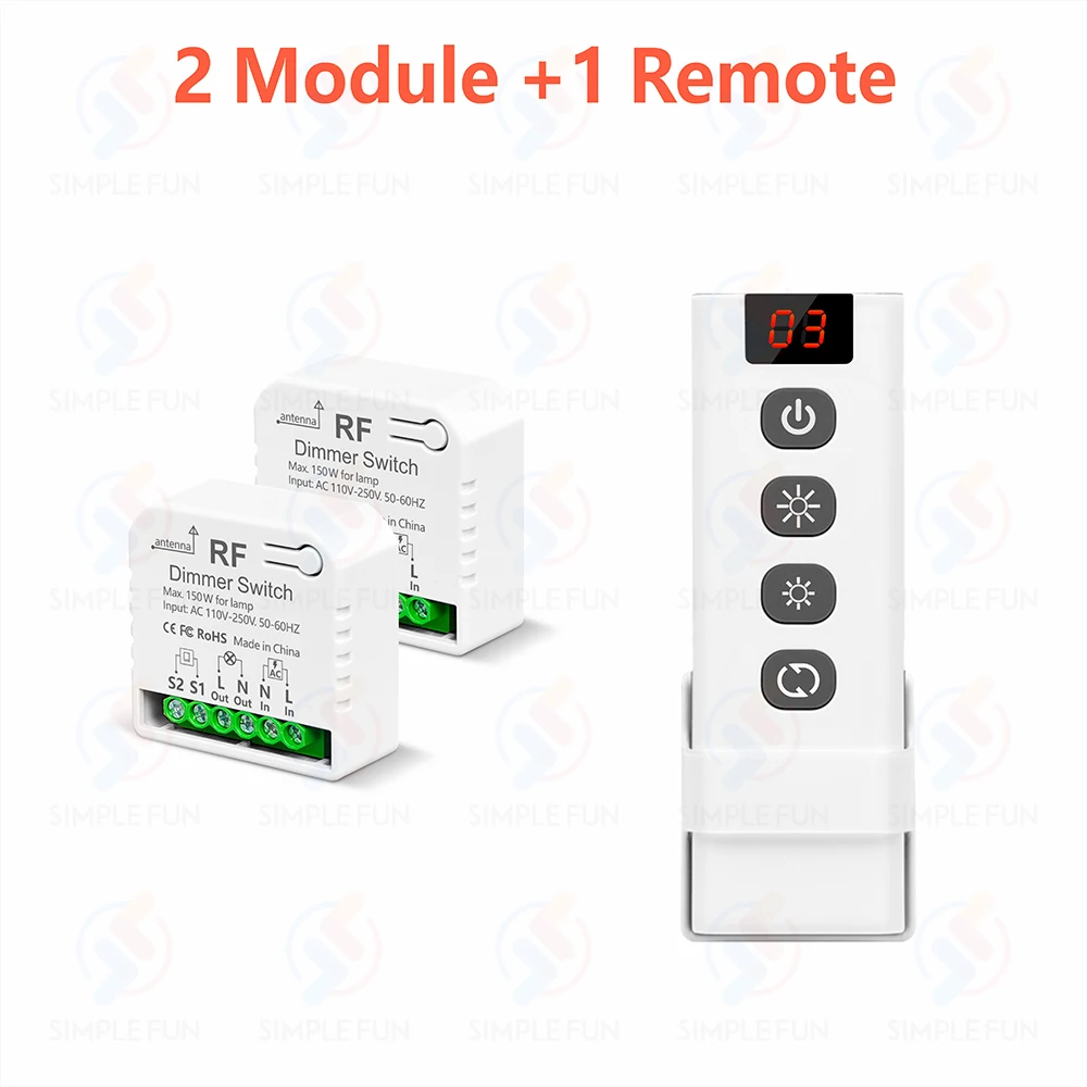 433 MHz kabelloser Dimmer-Lichtschalter, AC 110 V, 220 V, 230 V, dimmbares Schaltermodul, 5-in-1-Fernbedienung, für 10–150 W LED-Lampe, Halogen-Dimmung