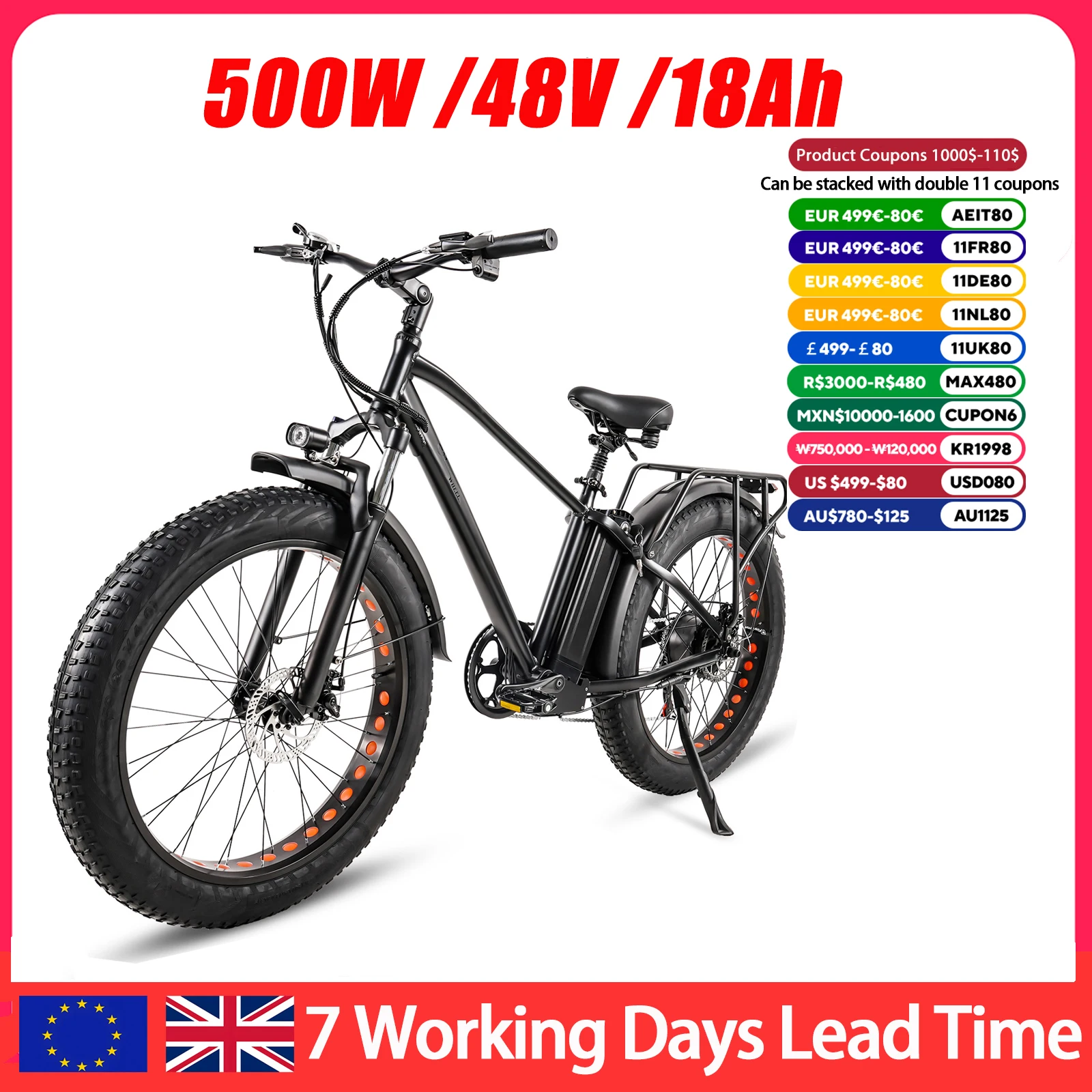 

500W Folding Electric Bike 48V 17AH Large Removable Battery E Bike 65 Miles Max Range Adult Electric Bicycles for Commute